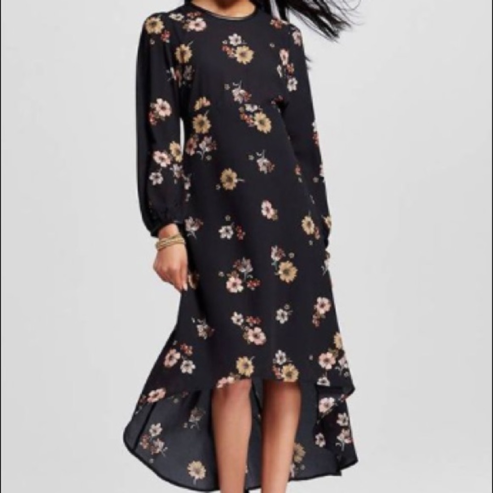 Who What Wear Black Floral Long Sleeve Crepe Dress